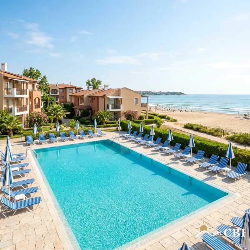 Aheloy beachfront all-inclusive resort pool and loungers by the Black Sea