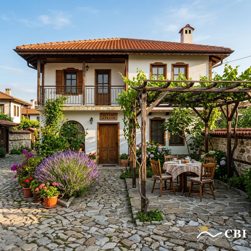 Small family-run guesthouse in Aheloy village with vine pergola breakfast terrace