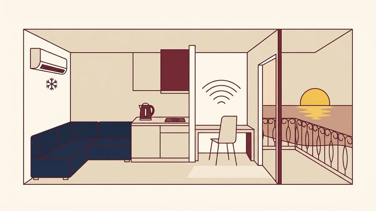 Flat minimalist illustration showing an all-inclusive beach studio bundle with AC, Wi-Fi, kitchenette, sofa, and sea-view balcony for Aheloy Coast Retreat