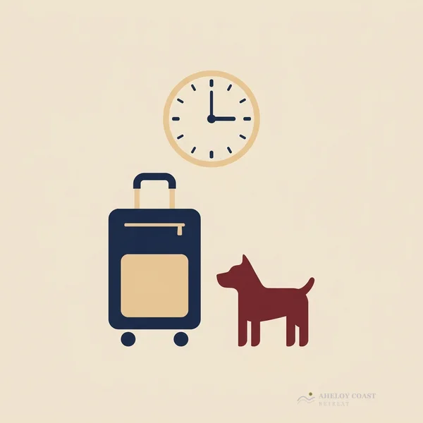 Flat minimalist illustration of suitcase, small dog and clock showing arrival time at Aheloy Coast Retreat