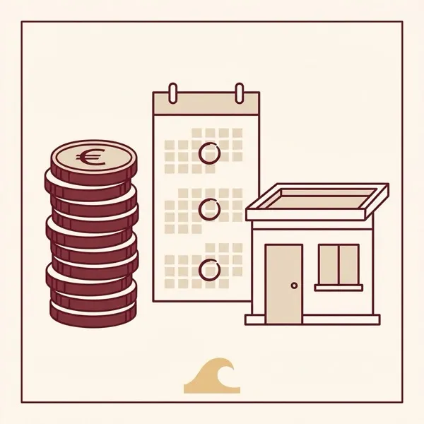 Flat minimalist illustration of euro coins and three-month calendar for long stays at Aheloy Coast Retreat