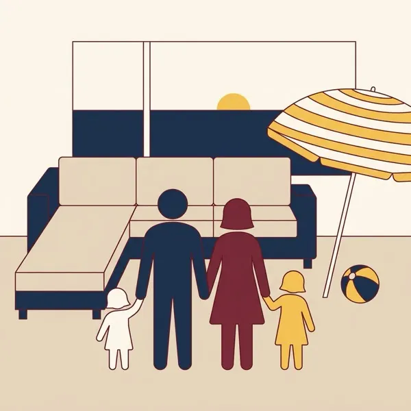 Flat minimalist illustration of a family of four with sofa beds and beach at Aheloy Coast Retreat
