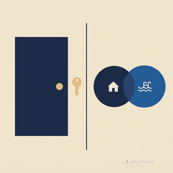 Flat minimalist illustration of private door with key and shared pool concept at Aheloy Coast Retreat
