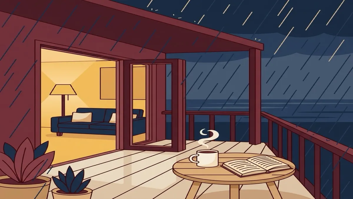 Flat minimalist illustration of a cozy rainy day at the Aheloy Coast Retreat balcony with coffee and book