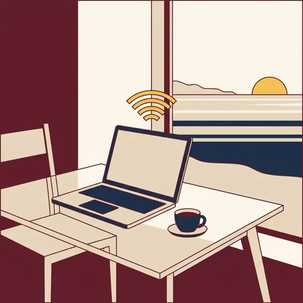 Flat minimalist illustration of a remote worker laptop Wi-Fi and sea view at Aheloy Coast Retreat
