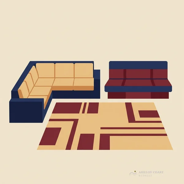 Flat minimalist illustration of L-shaped sofa and click-clack sofa bed sleeping setup at Aheloy Coast Retreat