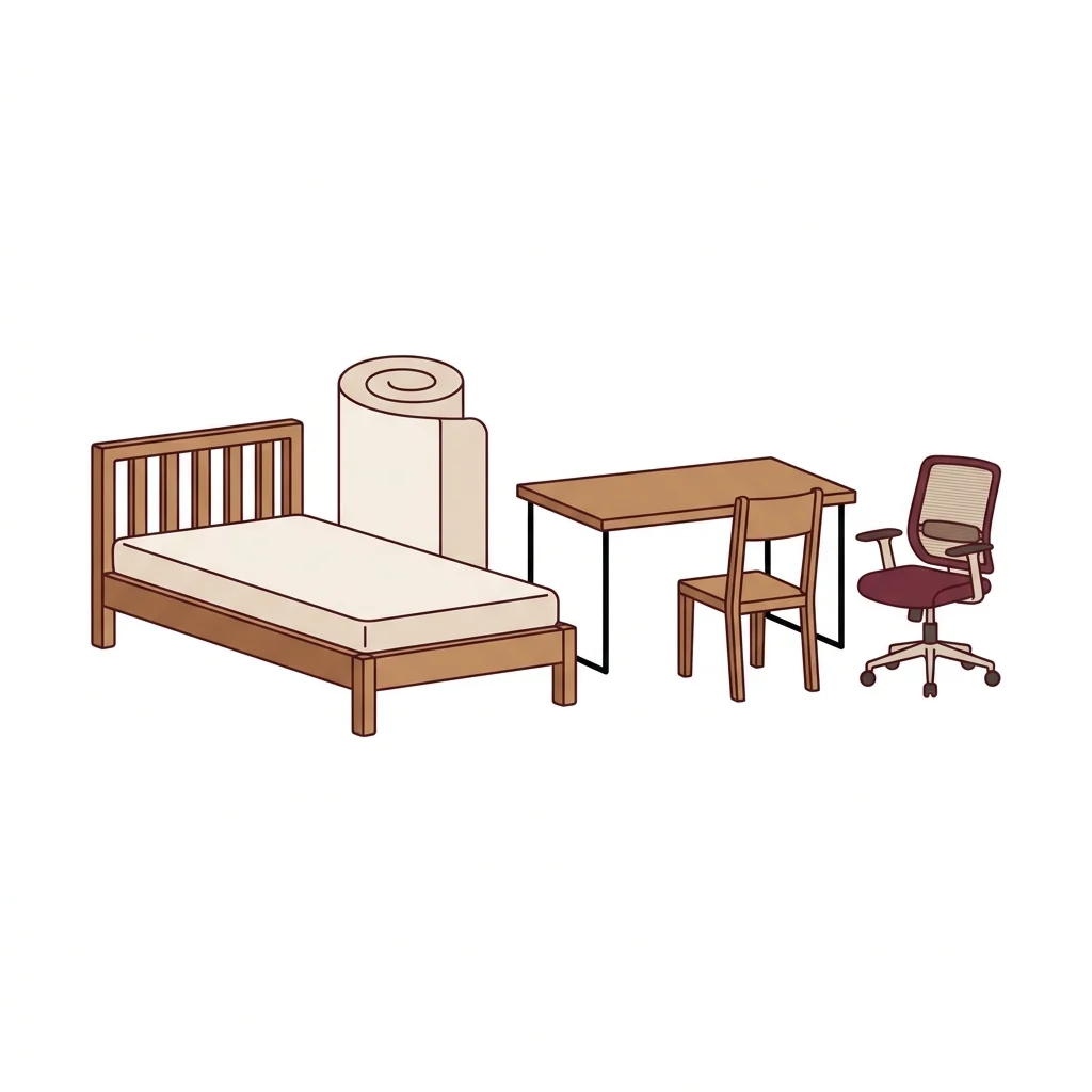 Flat illustration of a single bed, rolled mattress, wooden work desk, wooden chair, and ergonomic office chair on a white background, showing the furniture pieces available to customise the studio layout at Aheloy Coast Retreat