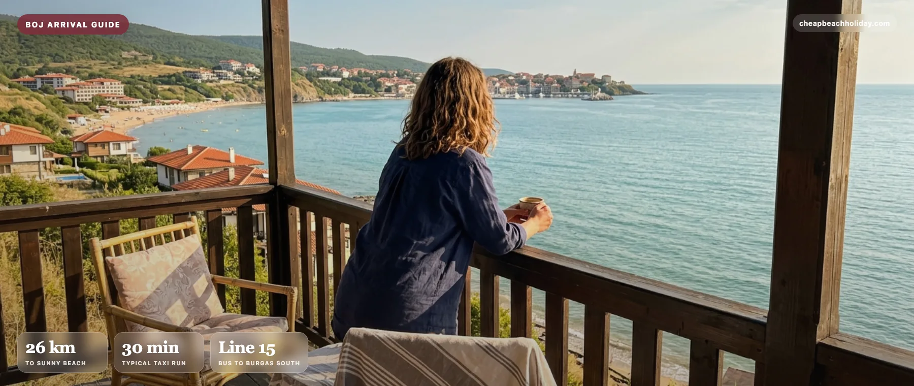 Guest on a beach villa veranda overlooking Bulgaria's southern Black Sea coast, used as the hero image for Burgas Airport transfers.