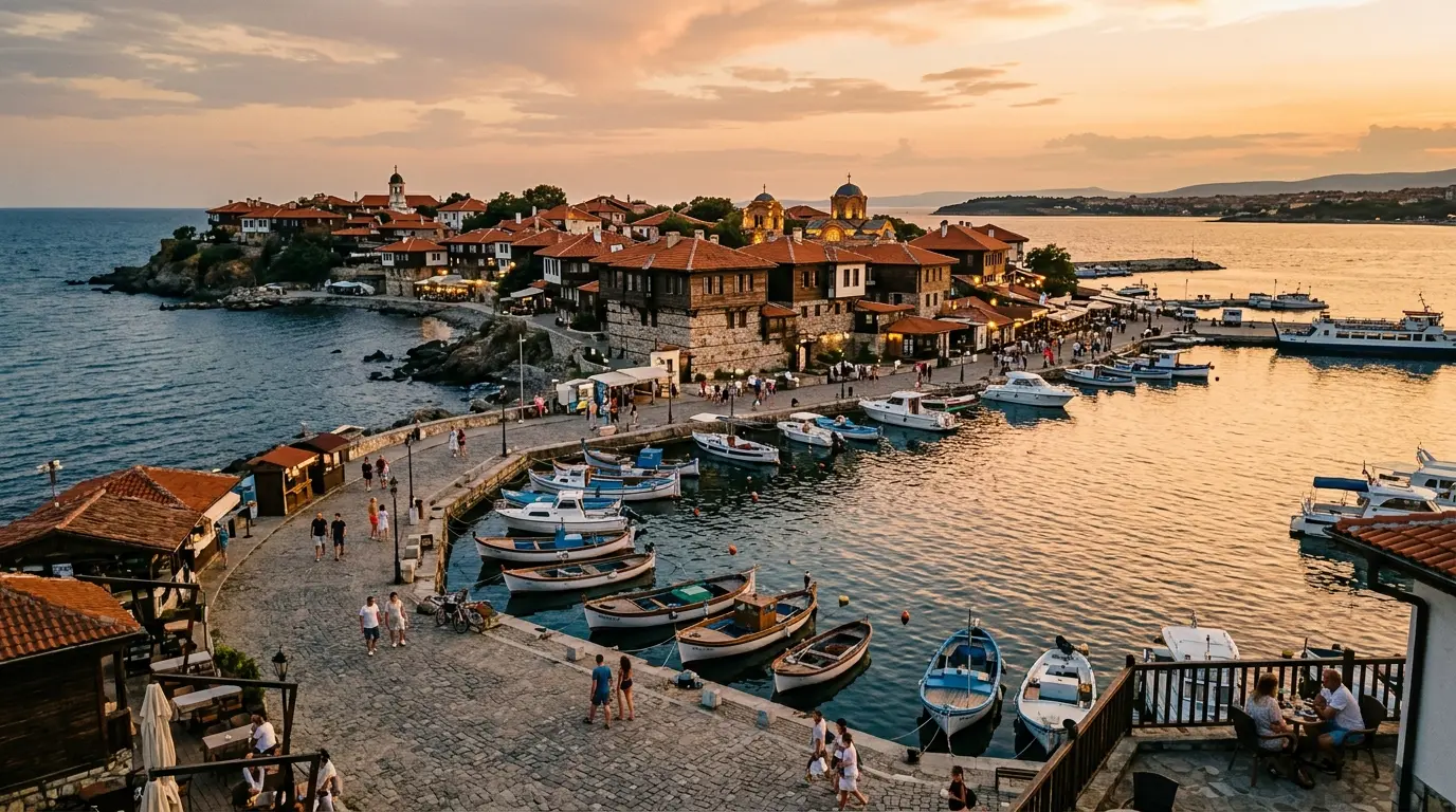 Coastal old town and marina on Bulgaria's Black Sea coast, showing a destination-comparison view beyond the airport route.