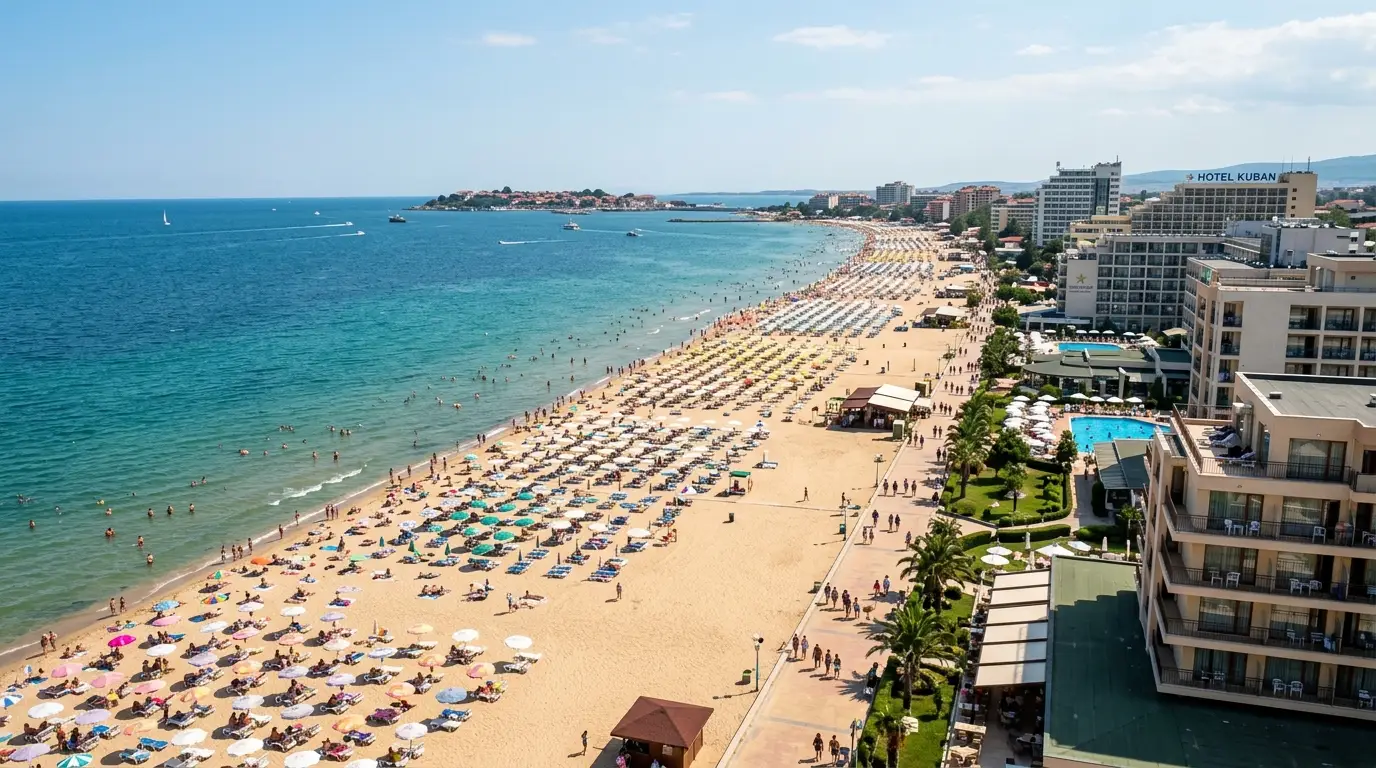Elevated beach view over Sunny Beach, Bulgaria, showing the main resort strip and broad sandy bay.