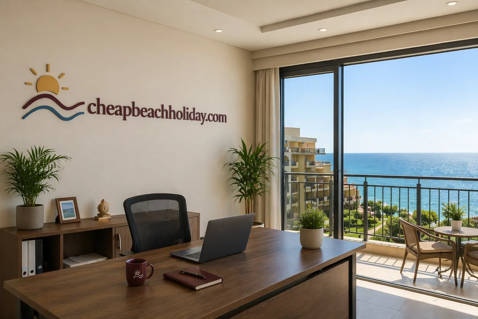 Cheap Beach Holiday editorial office in Aheloy, Bulgaria, with the brand logo on the wall and the Black Sea visible through the balcony door