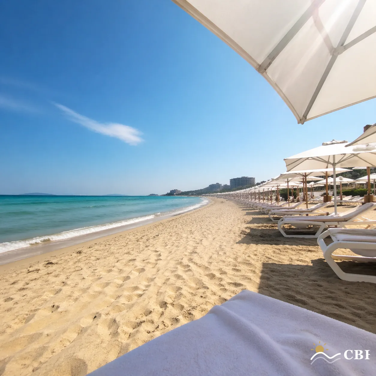 Point-of-view photo from a sun lounger on Sunny Beach Bulgaria, showing a long row of white parasols and sunbeds receding along pale golden sand with the turquoise Black Sea on the left.