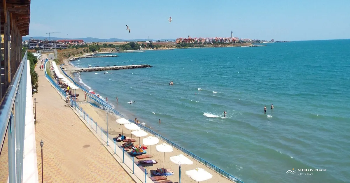 Coastline view from the second floor of the smaller pool restaurant at Midia, looking along the beach toward Nessebar
