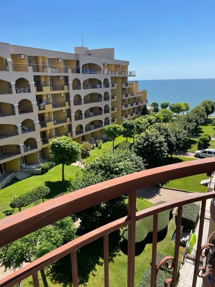 Panoramic sea and garden view from the studio balcony