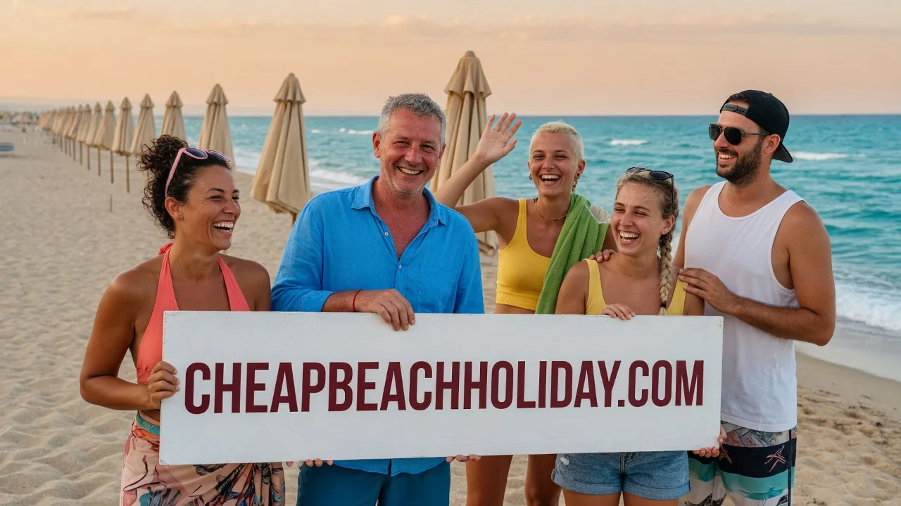 Guests on a Black Sea beach holding a Cheap Beach Holiday sign that reads CHEAPBEACHHOLIDAY.COM