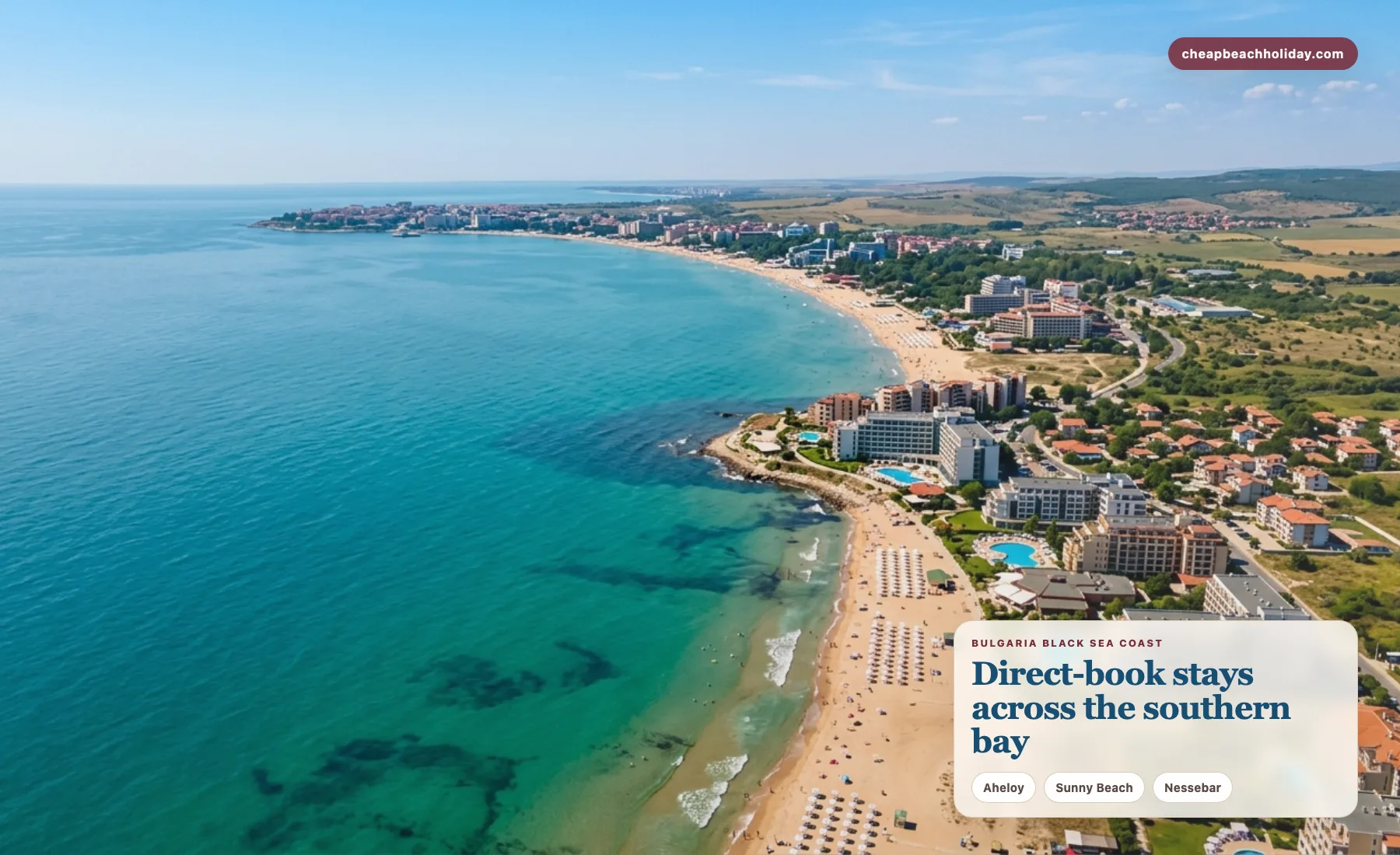 Aerial Black Sea coast view over the Sunny Beach and Nessebar bay area in Bulgaria