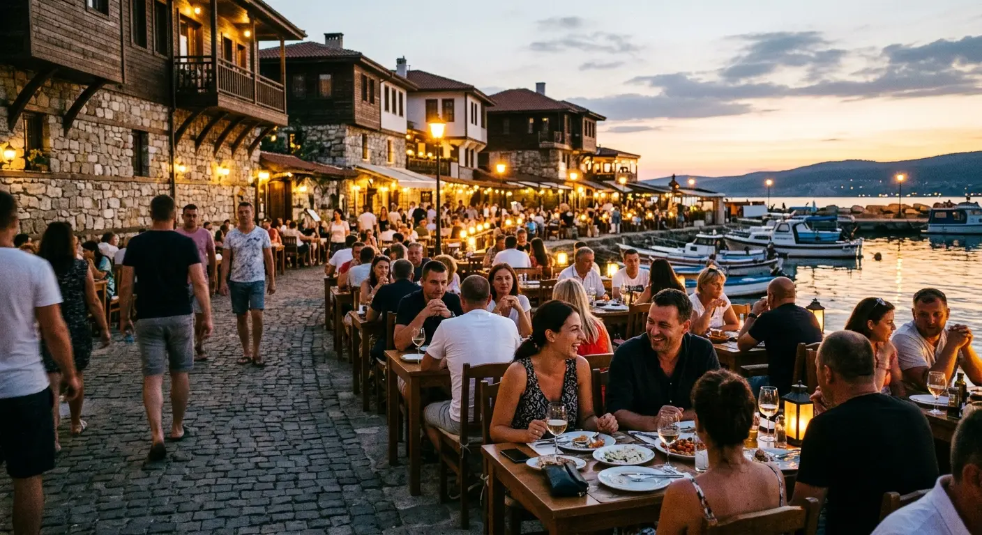 Nessebar harbour dining at dusk, with restaurant tables by the water and the Old Town atmosphere carrying the evening.