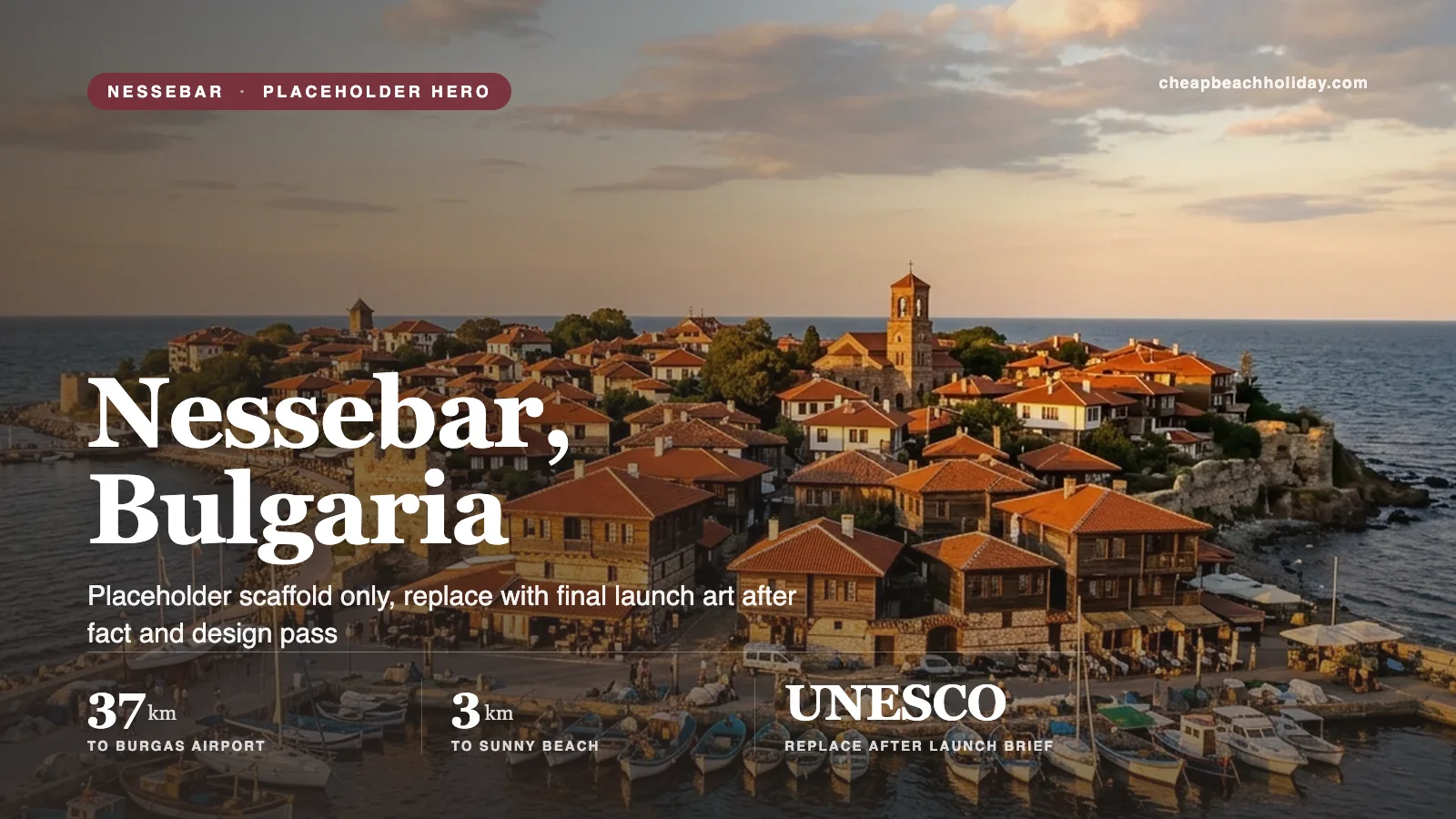 Nessebar Old Town harbour and UNESCO peninsula at golden hour, Bulgaria.