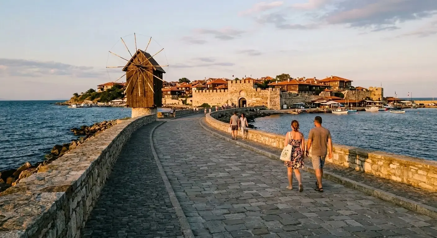 Nessebar Old Town land bridge at golden hour, Bulgaria, linking the UNESCO peninsula to the mainland with the Black Sea on both sides.