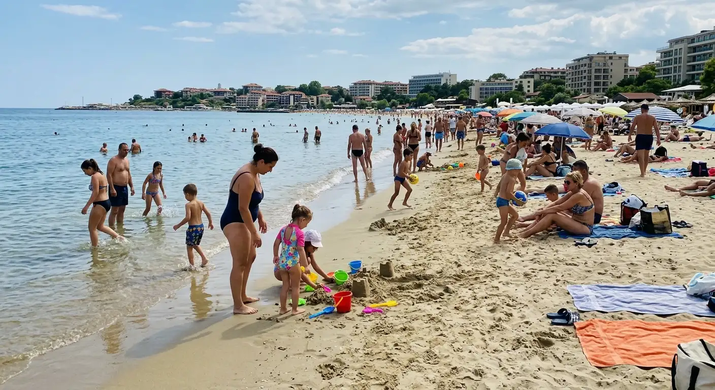 Families on Nessebar South Beach, Bulgaria, with shallow water, wide sand, and the New Town hotels behind the shore.