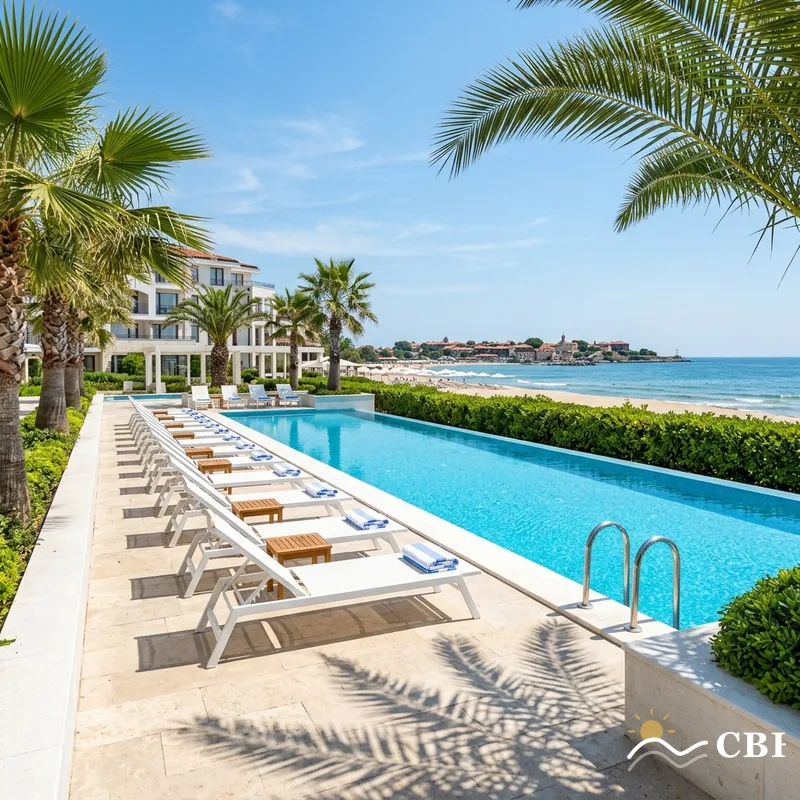 Family hotel pool and sun loungers near South Beach in Nessebar