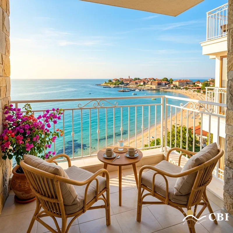 Sea-view apartment balcony overlooking Burgas Bay in Nessebar New Town