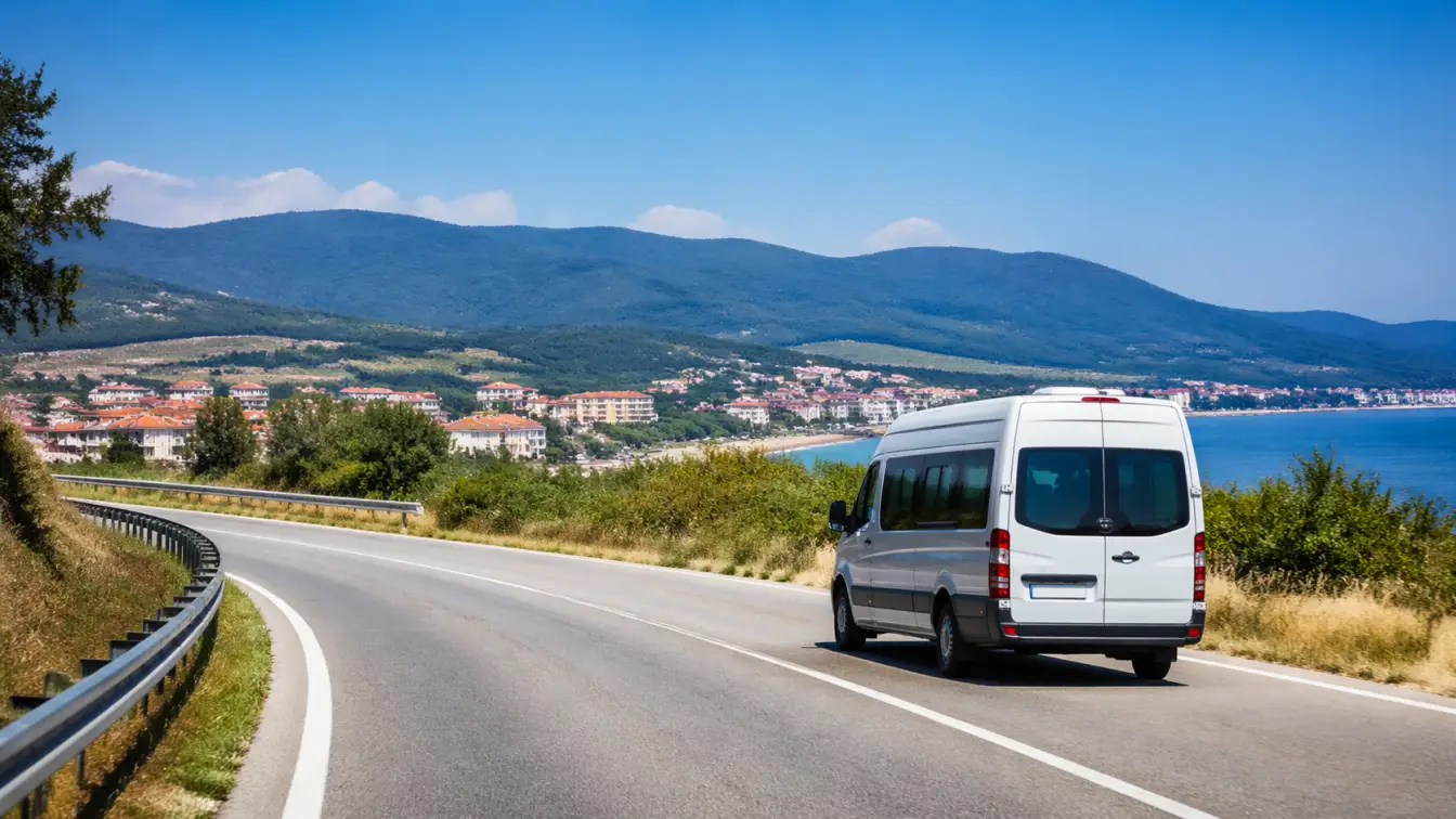 Coastal road transfer approach toward Obzor with sea and mountain backdrop