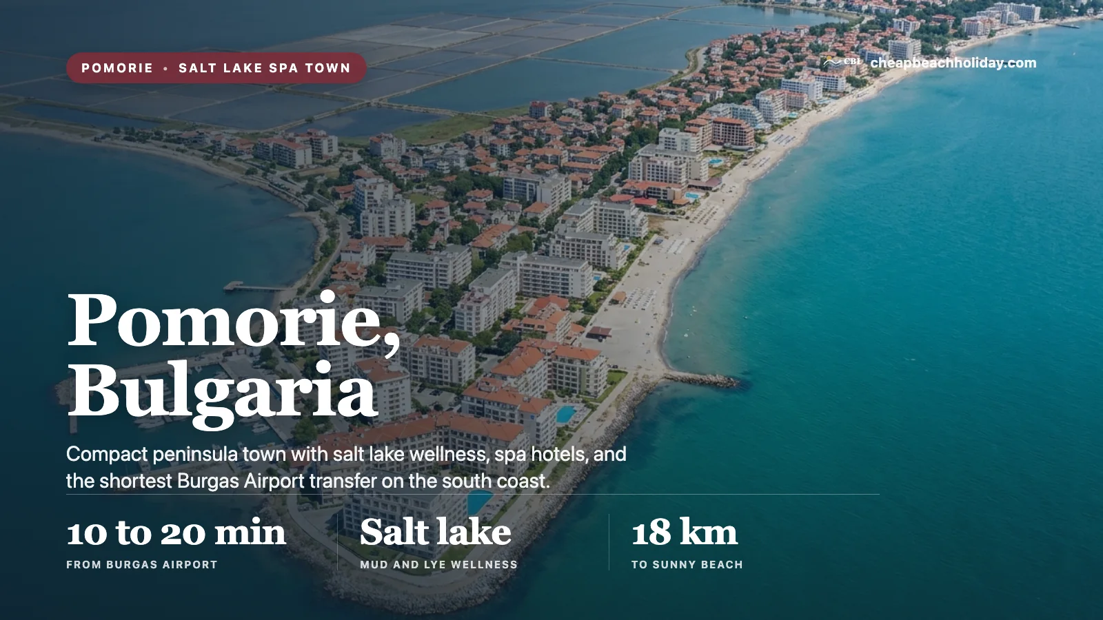 Pomorie on Burgas Bay, Bulgaria, with salt lake and Black Sea peninsula at golden hour.