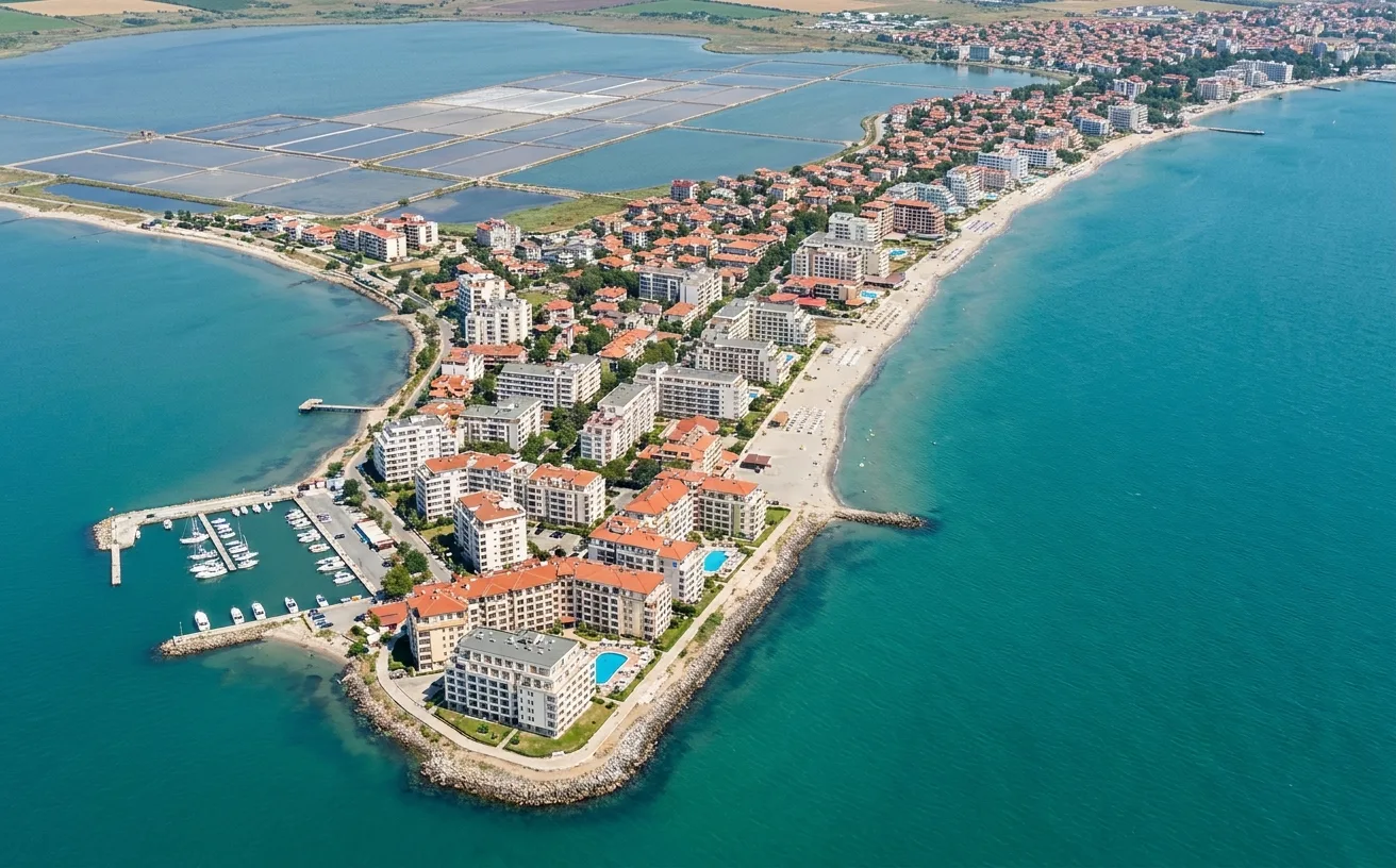 Pomorie peninsula on Burgas Bay with Black Sea beach, town streets, salt lake, and spa hotels in Bulgaria.