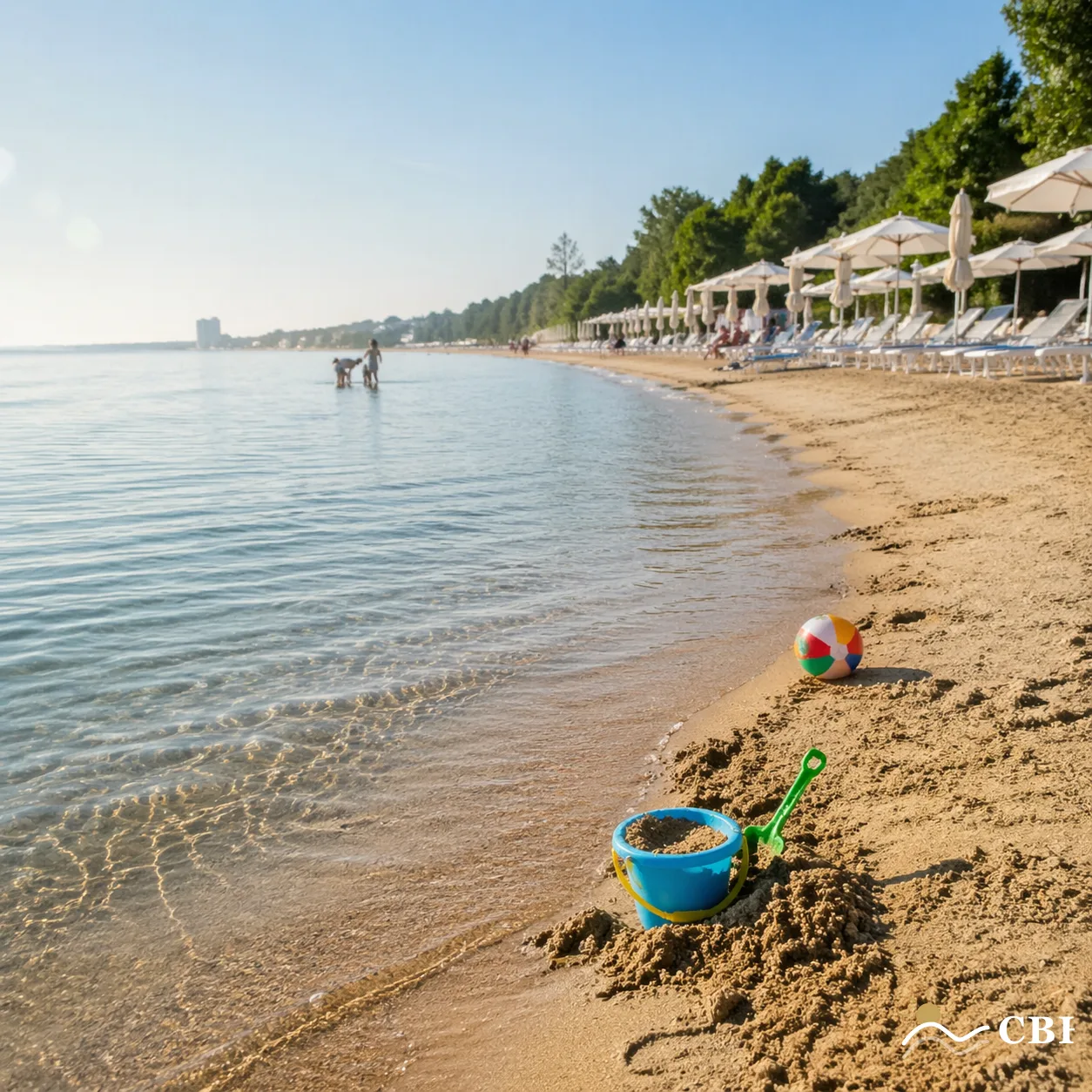 Quiet morning on the north end of Sunny Beach, Bulgaria. A plastic bucket, spade and beach ball on pale golden sand, clear shallow turquoise Black Sea water stretching out gently, a row of white parasols along the strand, green resort gardens behind.