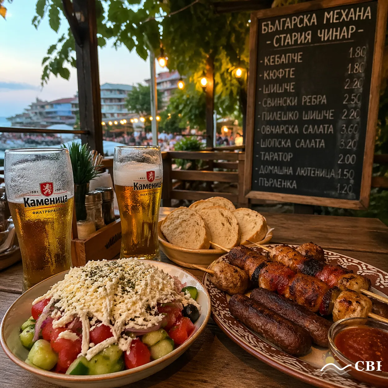Wooden terrace table at a Sunny Beach taverna with shopska salad, grilled kebapche and chicken skewers, two glasses of Kamenitza lager, fresh bread, and a Cyrillic chalkboard menu with Bulgarian menu prices.