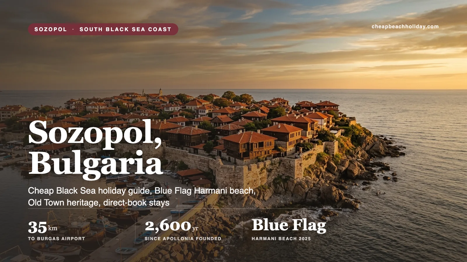 Sozopol Old Town peninsula at golden hour, Bulgaria, with red-tile Bulgarian Revival houses spilling down to the Black Sea and a small harbour on the left.