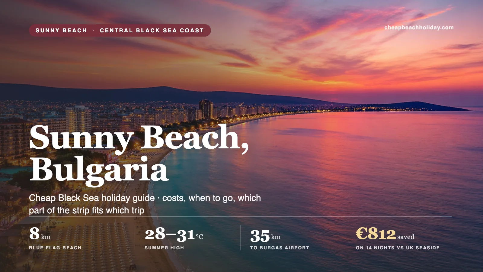 Sunny Beach, Bulgaria, aerial dusk view of the 8 km sandy crescent curving toward Nessebar.