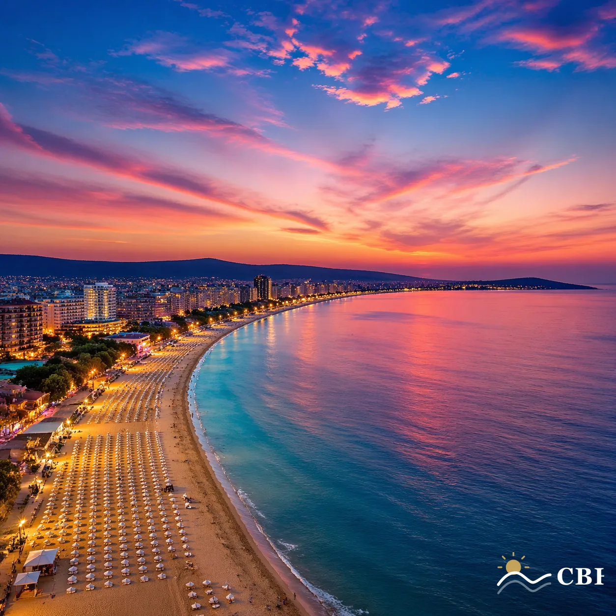 Aerial dusk view of Sunny Beach, Bulgaria. The 8 kilometre sandy crescent curves south toward the Nessebar peninsula with rows of white parasols glowing under warm resort lights, calm turquoise Black Sea reflecting a pink and violet sky.