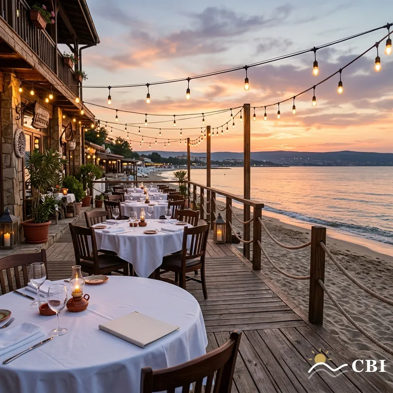 Sunny Beach beachfront seafood restaurant terrace at sunset with string lights