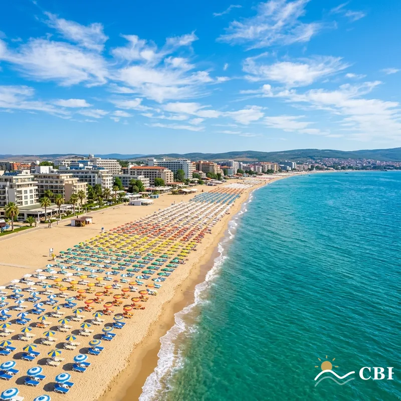 Sunny Beach sandy strip with colourful parasols and turquoise sea
