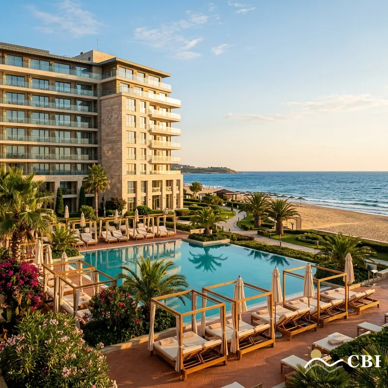 Sunny Beach five-star hotel pool with cabanas and sand access to the Black Sea