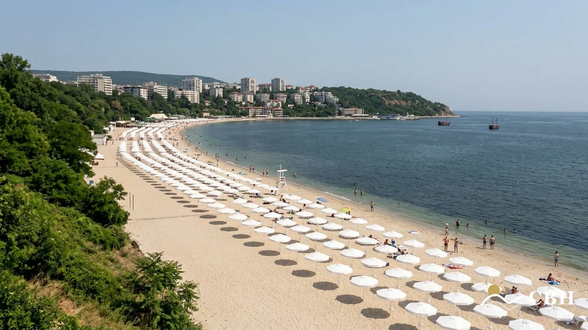 Varna's city beach curving around the bay, with the wooded Sea Garden slope on the left and the city's apartment blocks on the headland beyond.