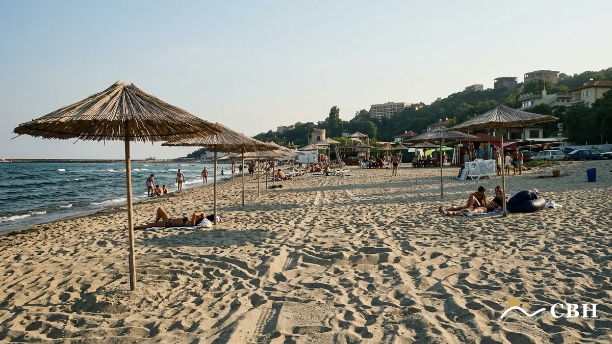 Kabakum beach north of Varna, with thatched reed parasols on coarse sand and a wooded slope of low-rise blocks behind.