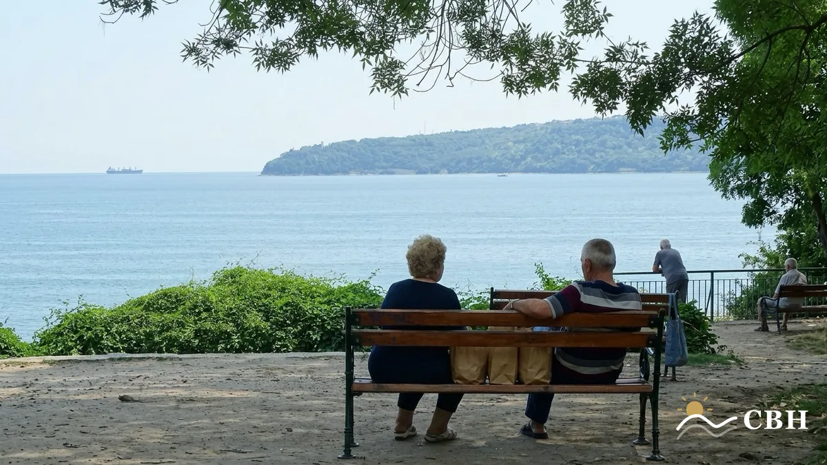 Residents on a bench in Varna's Sea Garden, looking out from the wooded bluff over the Black Sea.